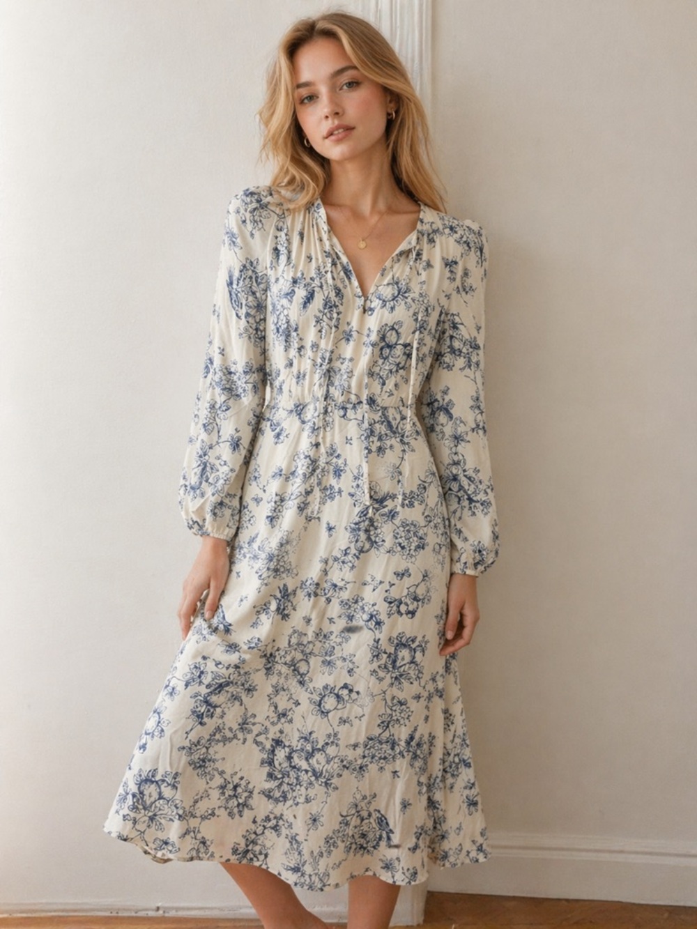 Blue Floral Midi Dress XS – Cottagecore French Girl Long Sleeve Dress
